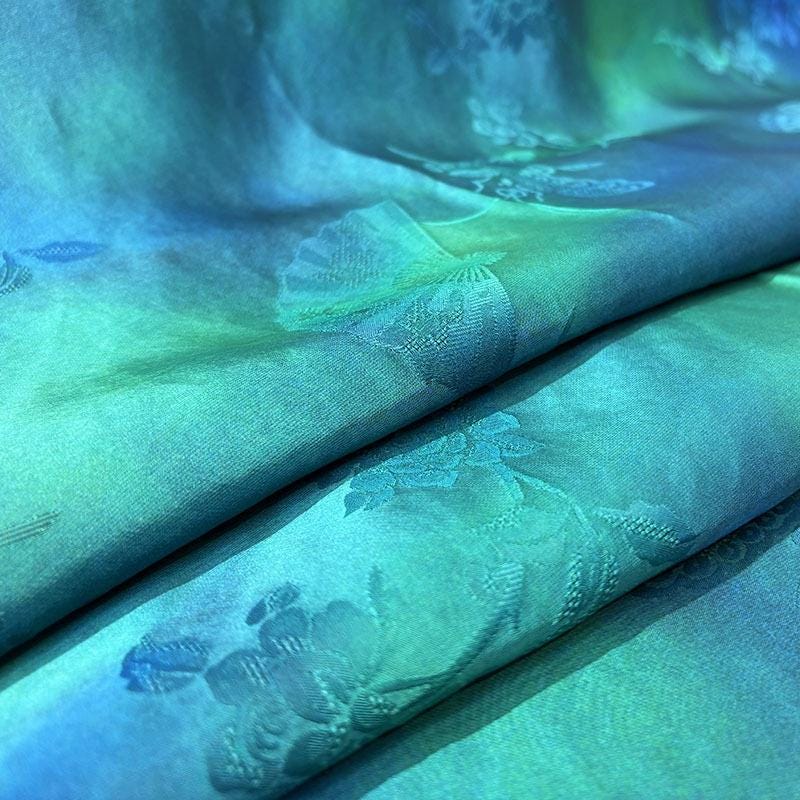Teal & Blue Floral Mulberry Silk Fabric: 55"W Digital Print