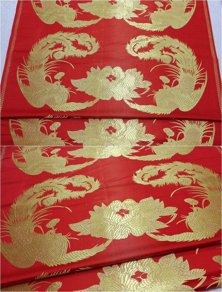 Red & Gold Phoenix Jacquard Satin Brocade Fabric - Chinese Wedding Dress Fabric By The Meter