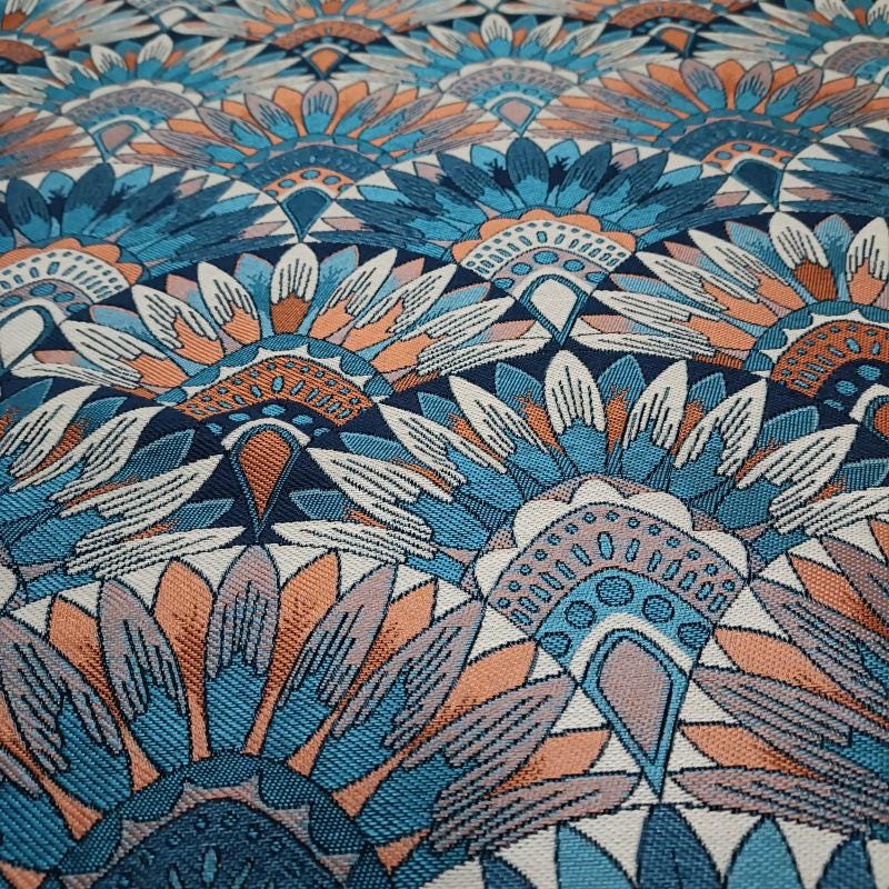 Bohemian Jacquard Woven Fabric: Blue & Orange Embossed Upholstery - 55"W