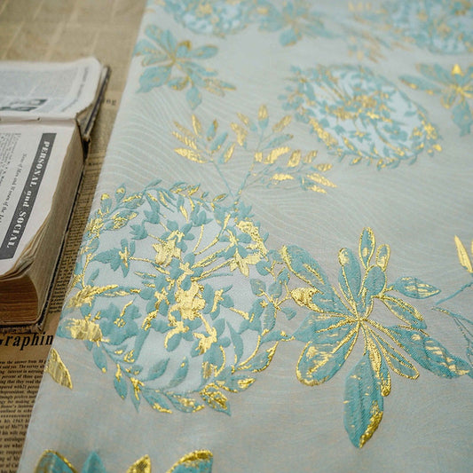 Aqua Blue Jacquard Fabric: Gold Thread Floral Design, 56" Wide