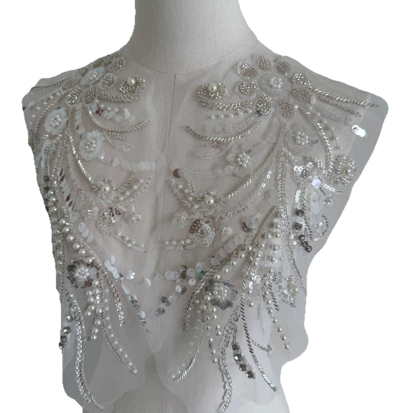 Embroidered Lace Trim: Beaded Sequin Applique - Bridal Wedding Dress (By Pair)