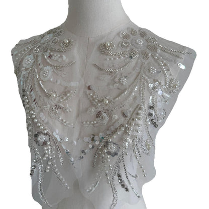 Embroidered Lace Trim: Beaded Sequin Applique - Bridal Wedding Dress (By Pair)