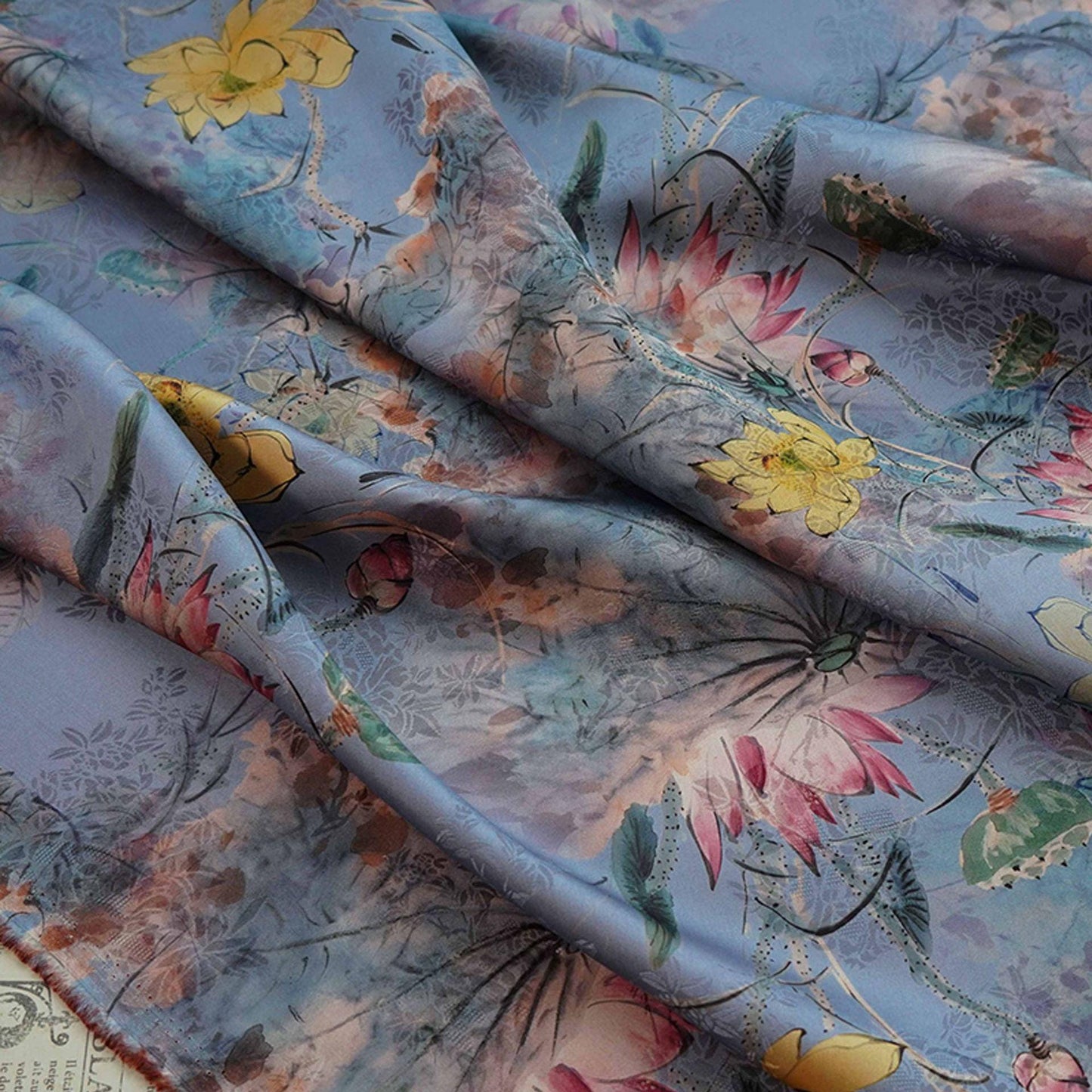 Lotus Flower Tea Silk Satin Fabric: Digital Print, 55" Wide