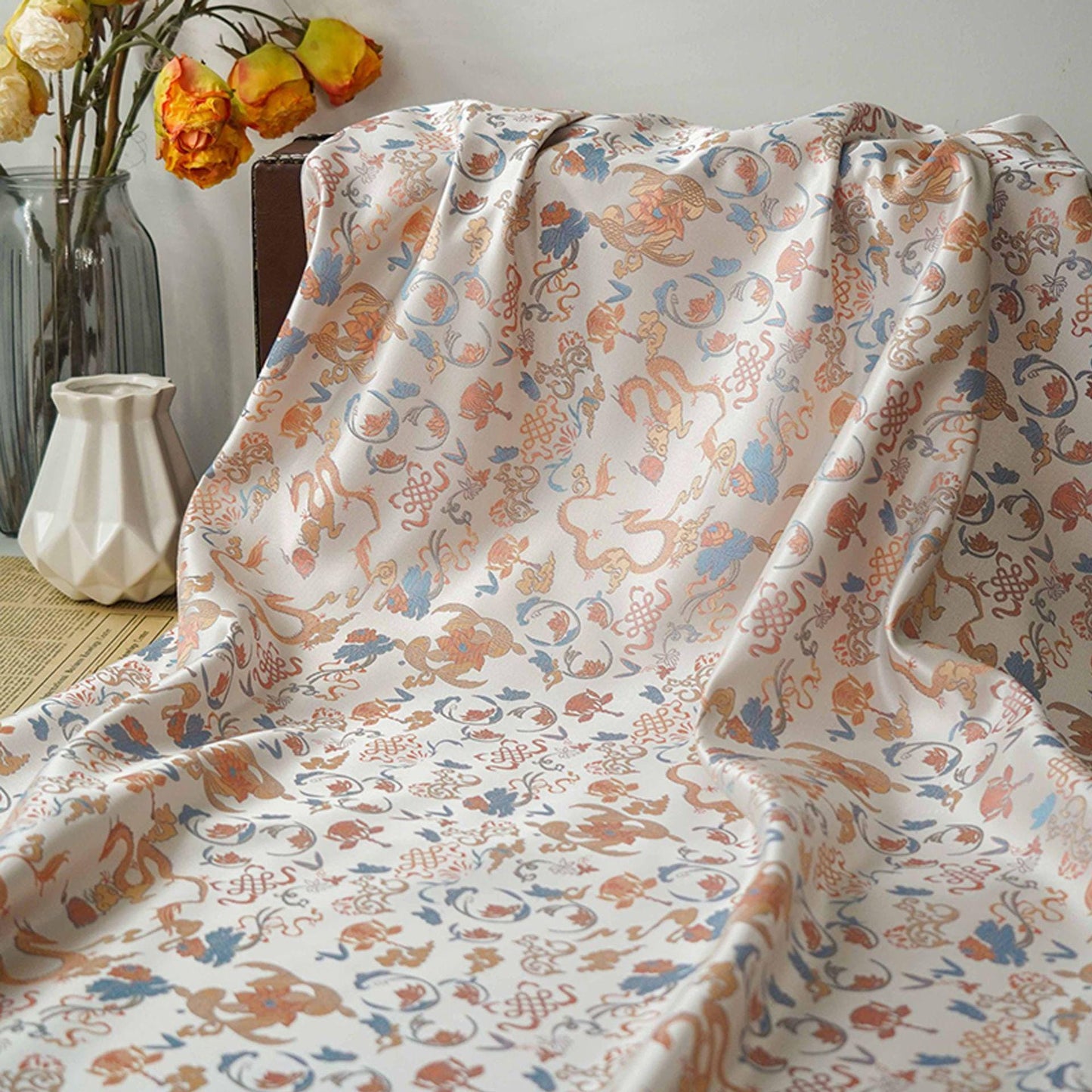 Dragon Flower Jacquard Fabric: Retro Woven Upholstery, 65" Wide