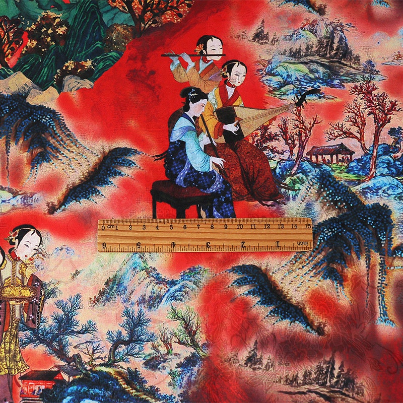 Ancient Ladies Tea Silk Satin Fabric: Digital Print, 59"W