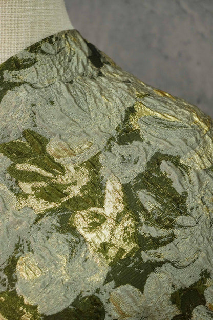 Green Jacquard Woven Fabric: 3D Gold Thread Embossed Texture, 57" Wide