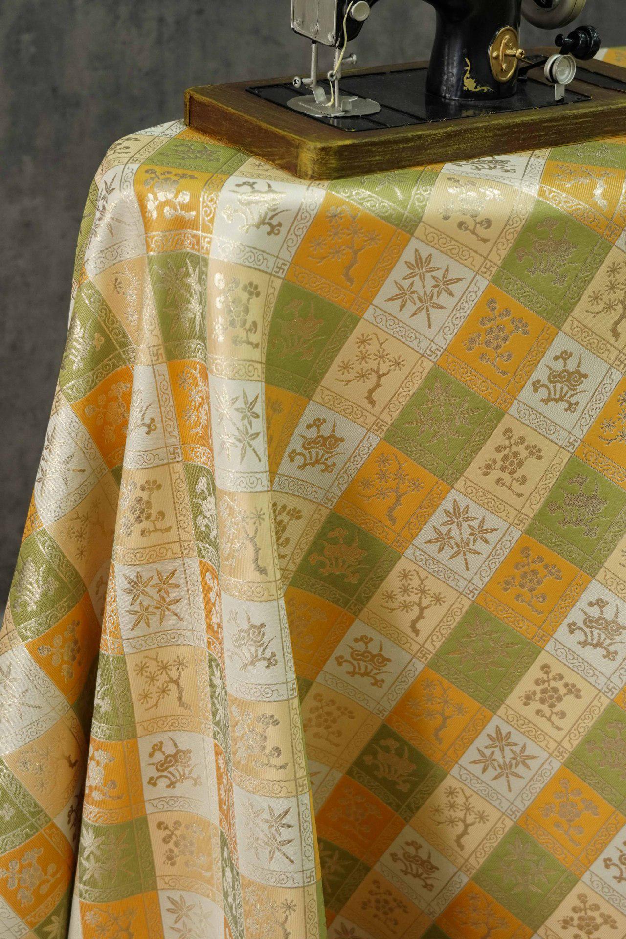 Jacquard Hanfu Fabric: Gold Weaving Ethnic Paddy Field Pattern, 59"W