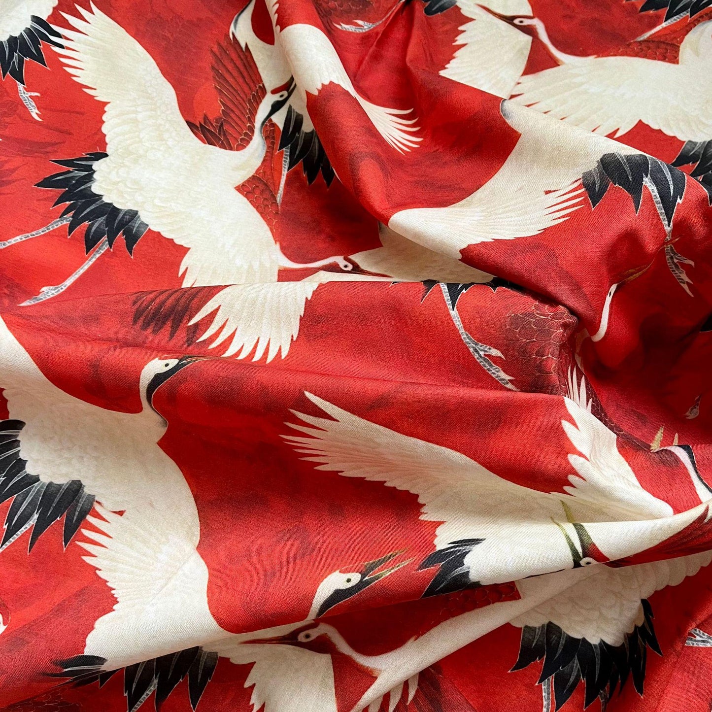 Crane Print Cotton Fabric: Red & White Textile, 59" Wide