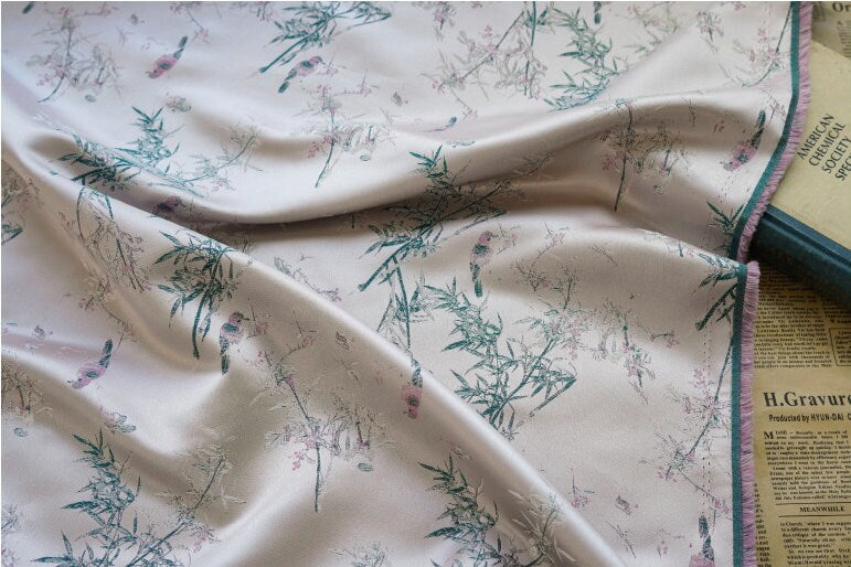 Floral Bamboo Brocade Satin Fabric - Light Purple, 59" Wide