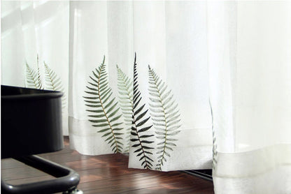 White Linen Blend Curtain Fabric: Fern Embroidery, Light Filtering