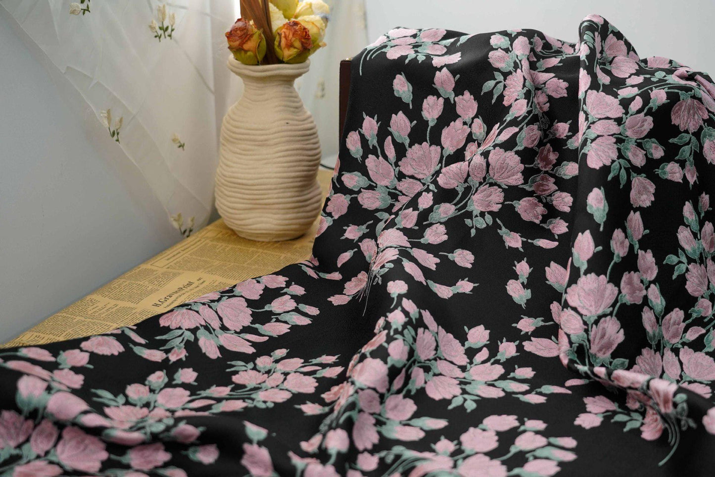 Reversible Pink Flower Jacquard Fabric: Embossed Upholstery, Costume, Curtain (55"W)