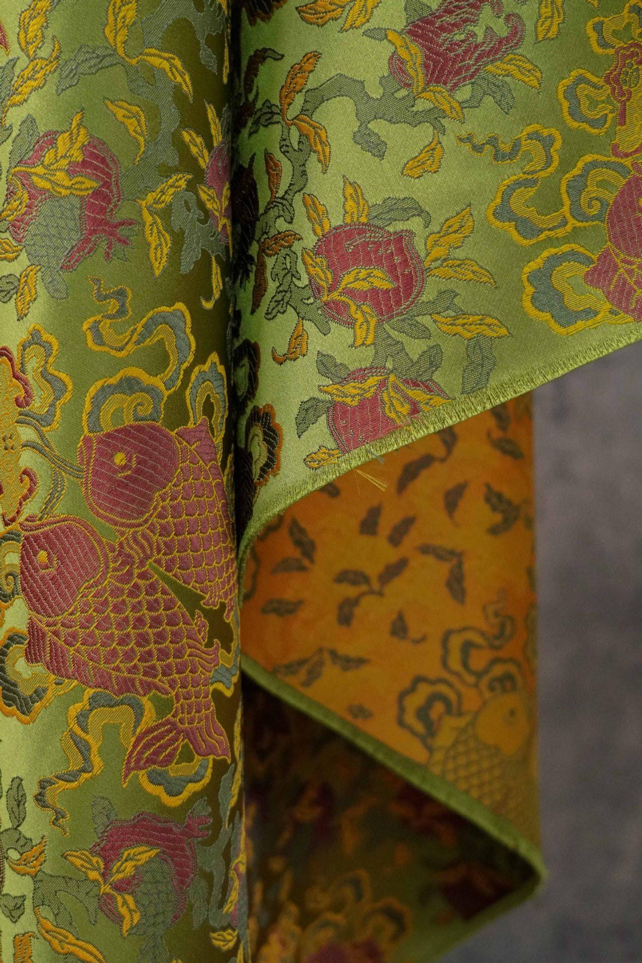 Eight Treasures Double Fish Jacquard Brocade Fabric: Qipao, Hanfu Sewing