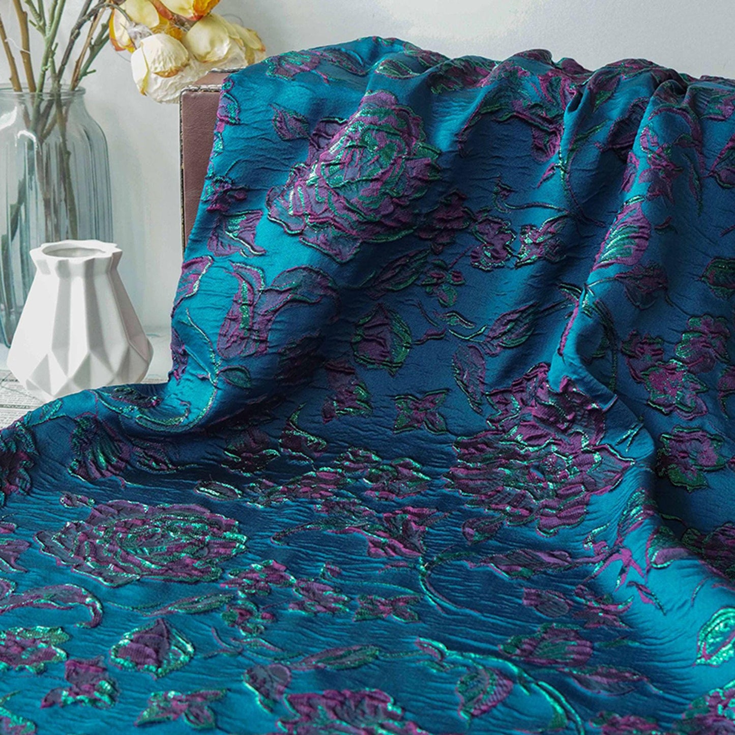 Baroque Black Gold Floral Jacquard Fabric: Vintage Palace Style, 56"W