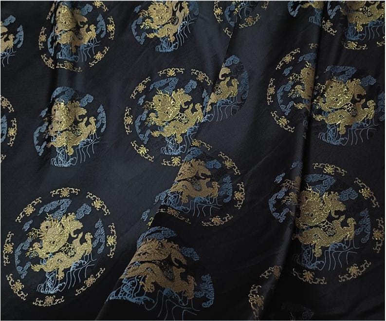 Dragon Brocade Fabric: Black & Gold Jacquard Blend, 55" Wide