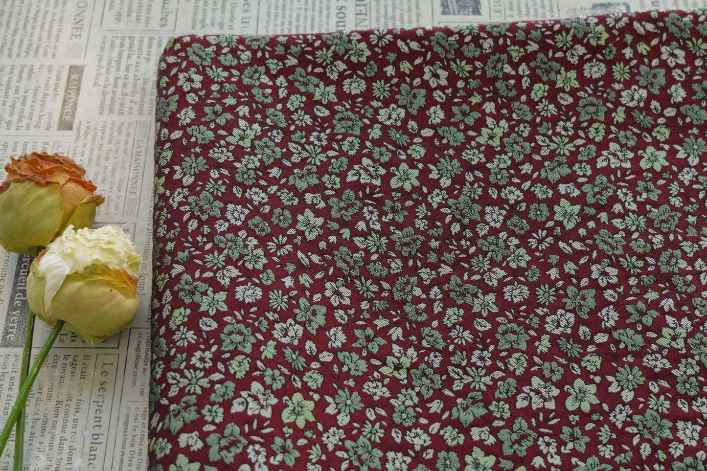 Red Mini Floral Jacquard Fabric: Countryside Style, 58" Wide