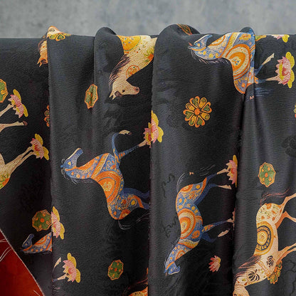 Horse Jacquard Tea Silk Fabric, Chinese Symbolic Textile, 59"W