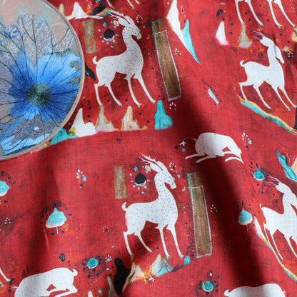 Nine-Color Deer Print Ramie Fabric: Dunhuang Style, 57"W