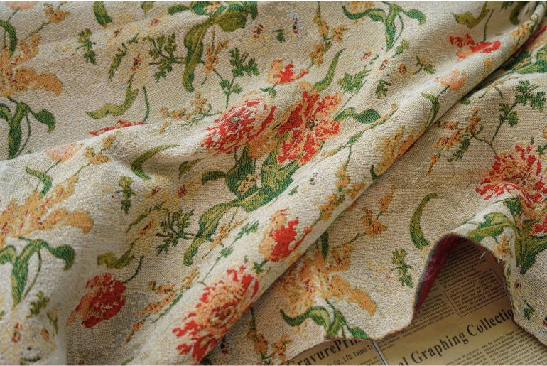 Floral Jacquard Fabric: Retro Big Flower Upholstery, 59" Wide