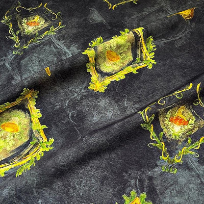Élégant oiseau doré sur tissu de coton minuit ��� Matières de mode et d'artisanat oriental"Large
