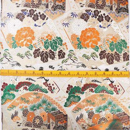 Japanese Crane Jacquard Satin Fabric: Pale Gold Bird Print, 29.5"W