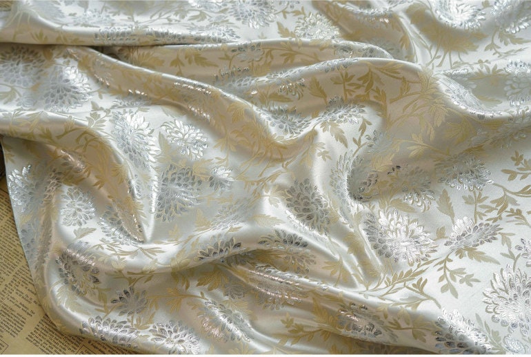 Reversible Floral Jacquard Fabric: Gold Thread Embossed Weave, 65" Wide