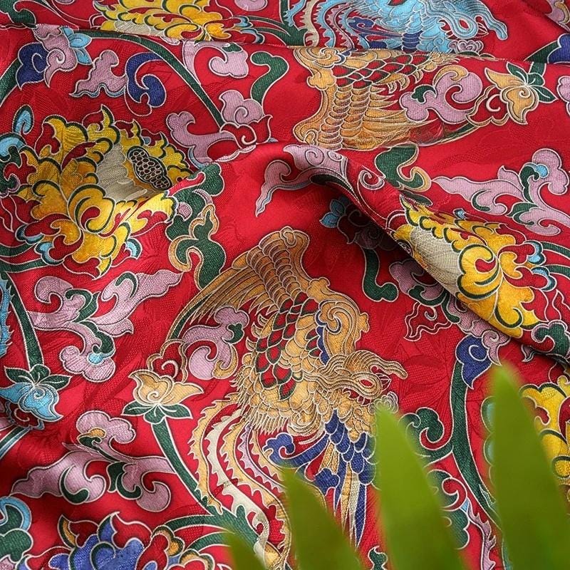Gold Shantung Rayon Fabric: Dunhuang Pattern Upholstery, Costume, Scarf
