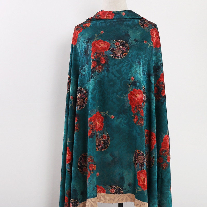 Red Floral Print Fabric: Polyester Spandex Blend, 59" Wide