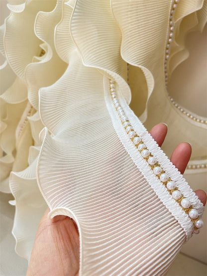 Ivory Pleated Chiffon Trim: Beaded Ruffled Fabric, 4.3" Width