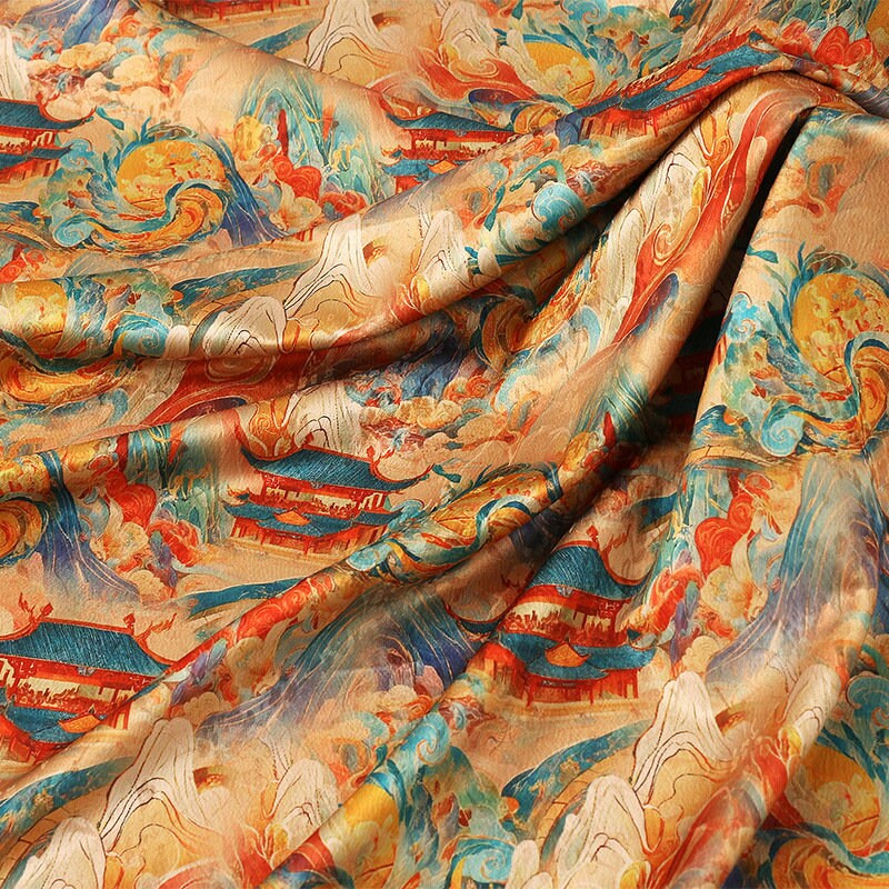Red Cloud Yarn Flower Fabric: Ancient Painting Style, 59" Wide