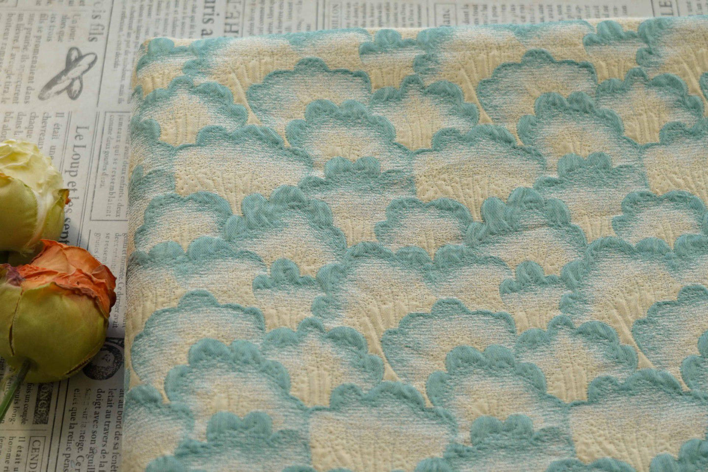 Elegant Embossed Geometric Fan Floral Textured Jacquard Fabric, 60" Wide