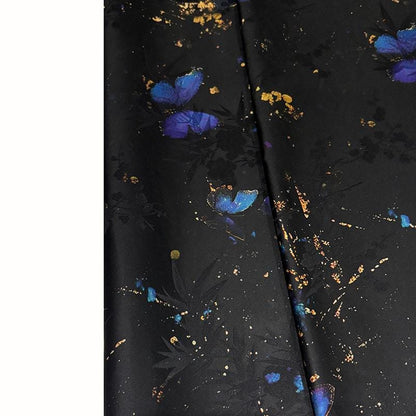 Teal & Black Floral Mulberry Silk Fabric: 55"W Digital Print