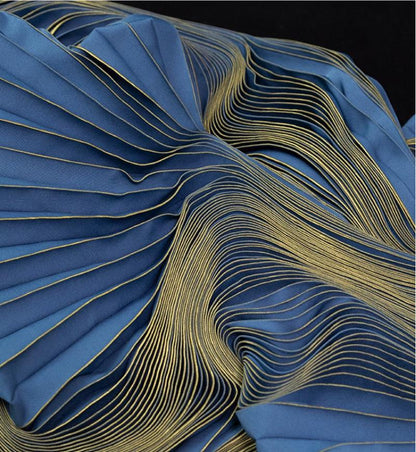 Ocean Blue Foil Pleated Fabric: Hand-Pressed Crepe Designer Material