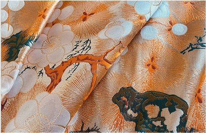 Japanese Nishijin Silk Brocade Fabric: Orange Frangipani Damask (29.5"W)