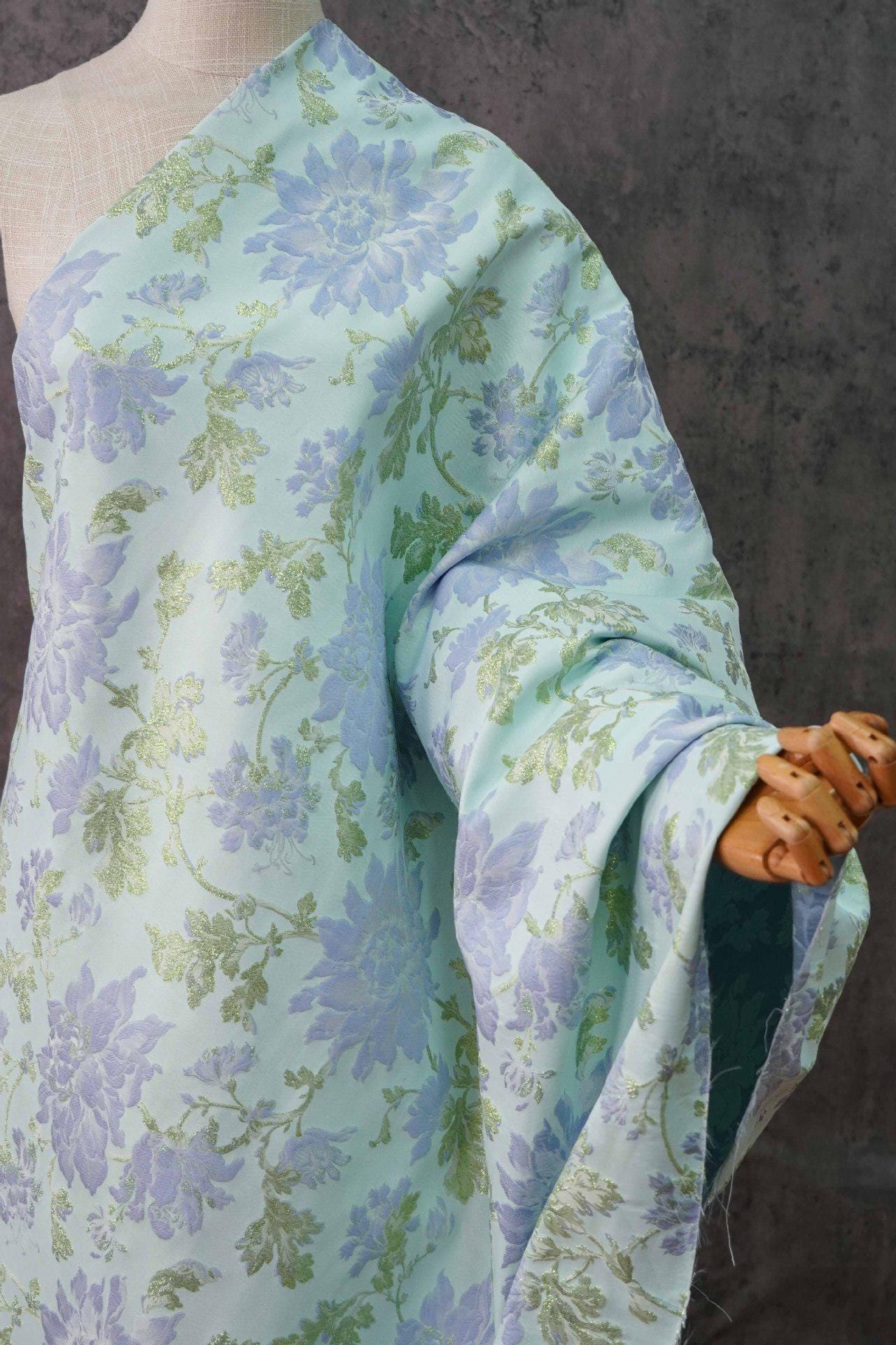 Blue Floral Jacquard Fabric with Gold Foil: 63" Wide Upholstery Fabric