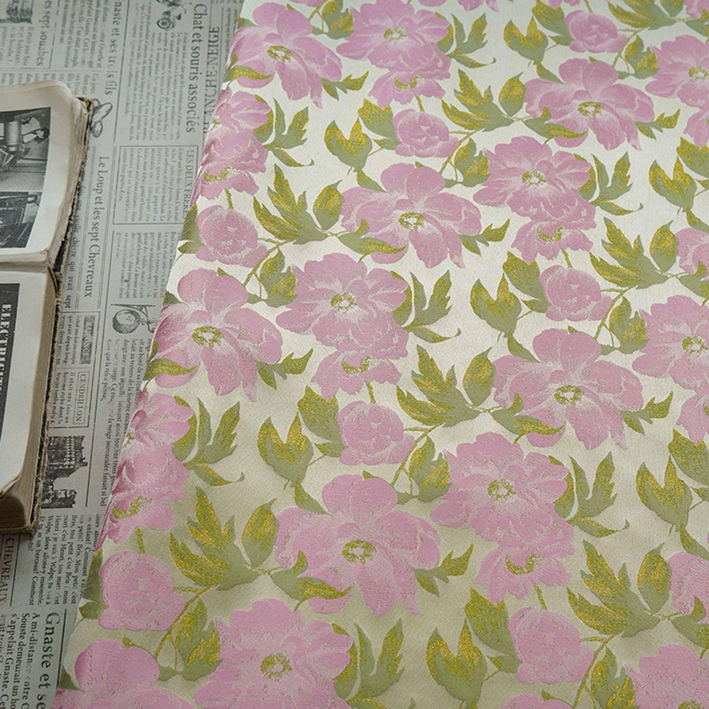 Romantic French Floral Jacquard Fabric with Gold Threads, 65"Wide