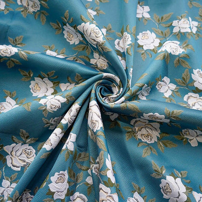 Tissu jacquard à motif floral bleu : tissu d'ameublement métallisé en relief, 160 cm de large