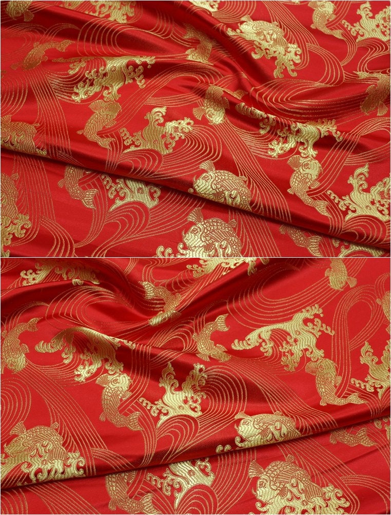 Golden Fish Silk Brocade Fabric: Red Cheongsam Fabric (29.5"W)
