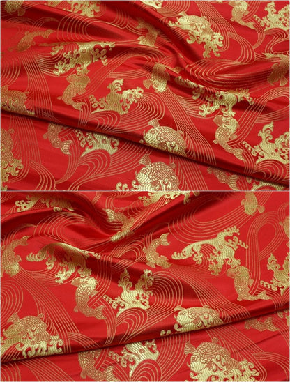 Golden Fish Silk Brocade Fabric: Red Cheongsam Fabric (29.5"W)
