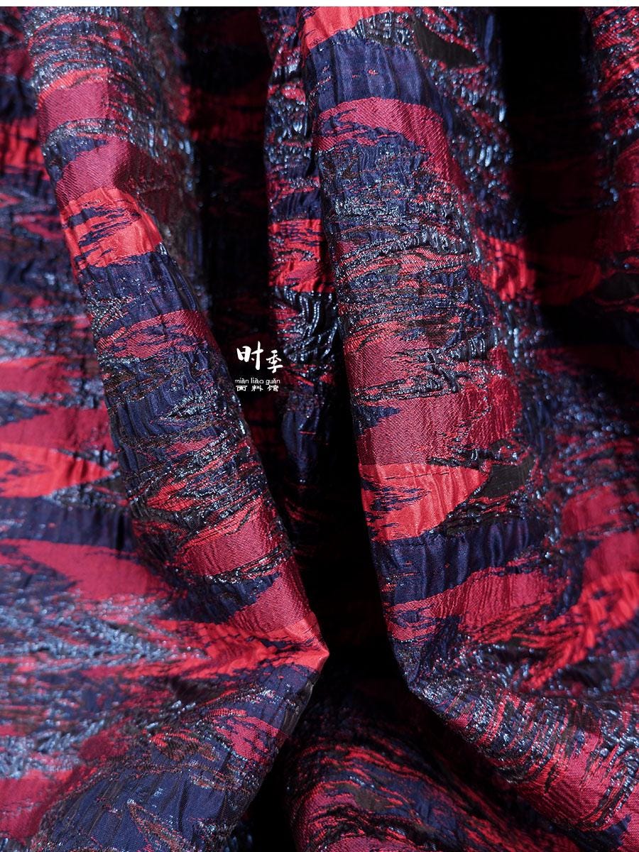 Gold Thread Jacquard Fabric: Red & Blue 3D Designer Fabric, 55"W