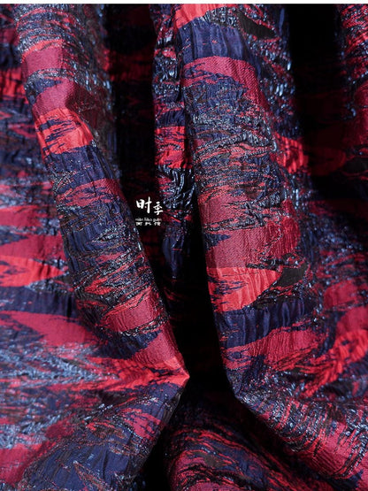 Gold Thread Jacquard Fabric: Red & Blue 3D Designer Fabric, 55"W