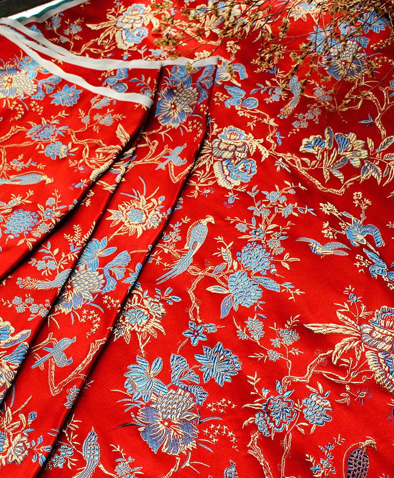 Red Brocade Fabric: Bird Peony Jacquard, Cheongsam Sewing Material (29.5" W)