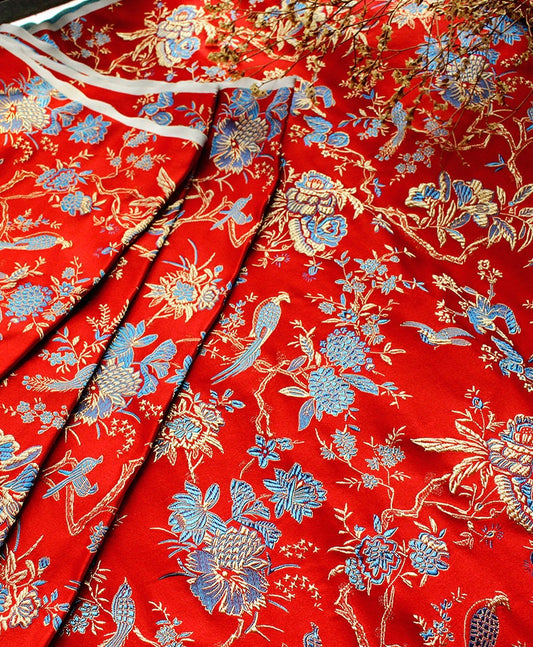 Red Brocade Fabric: Bird Peony Jacquard, Cheongsam Sewing Material (29.5" W)