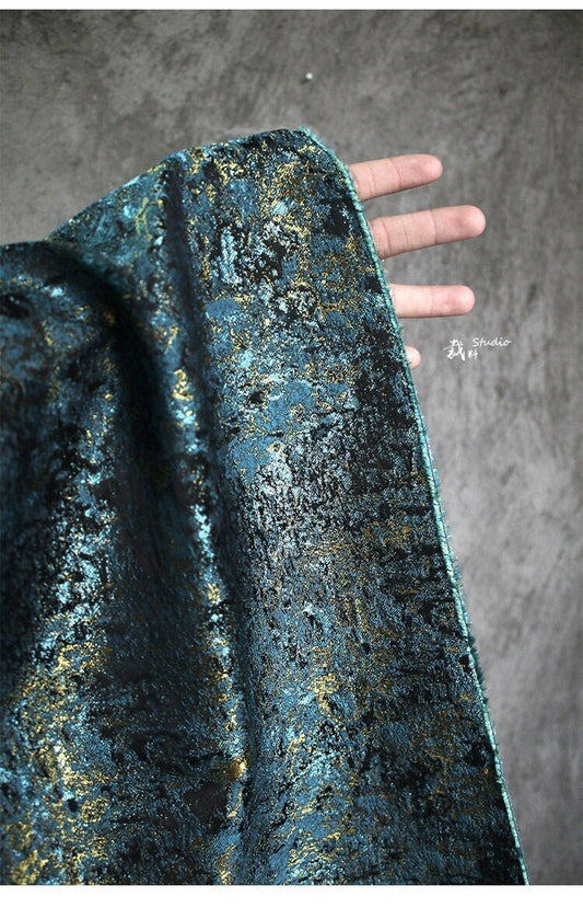 Tissu jacquard bleu paon galaxie : ameublement, costumes, décoration - 160 cm de large
