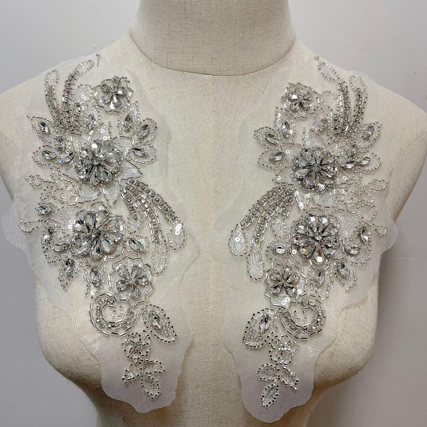 Embroidered Lace Trim: Light Ivory Bridal Applique with Sequins (By Pair)