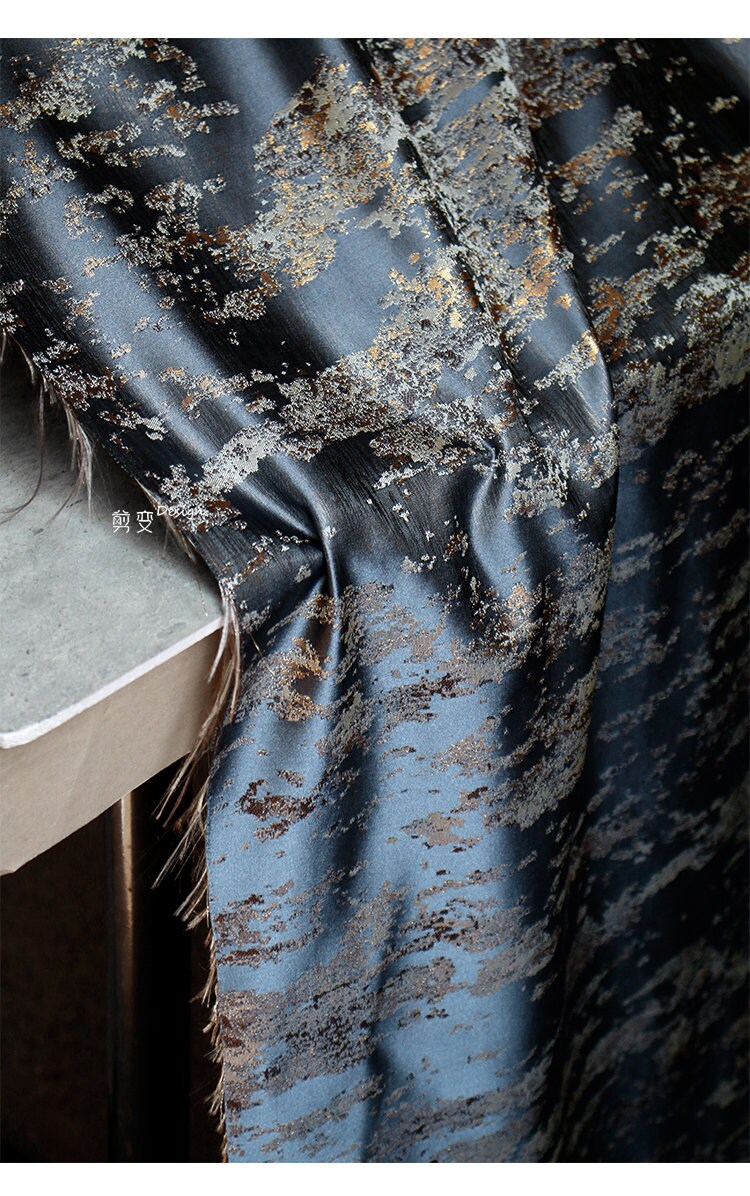 Gilt Jacquard Fabric: Gray Blue Embossed Silk Texture, 59"W