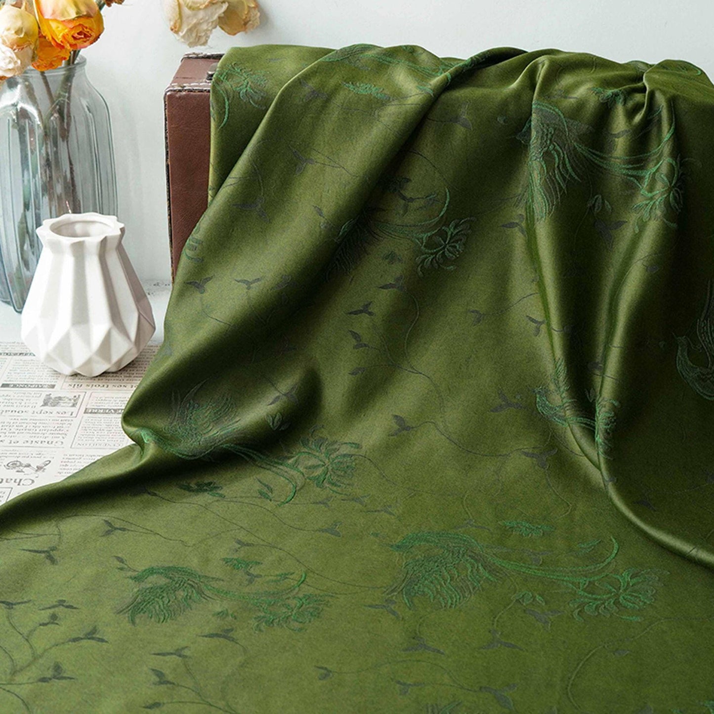 Dark Green Jacquard Fabric with Subtle Phoenix Pattern for Qipao Dressmaking, 54"Wide