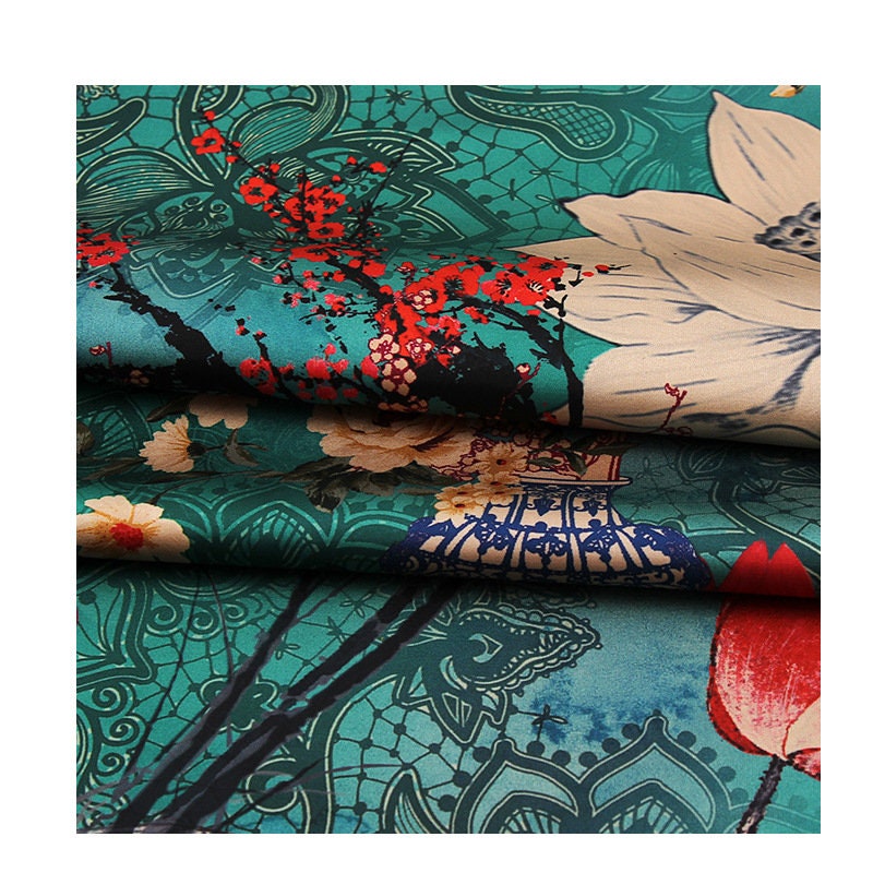 Jade Green Tea Silk Satin Fabric: Floral Crane Print, 59" Wide