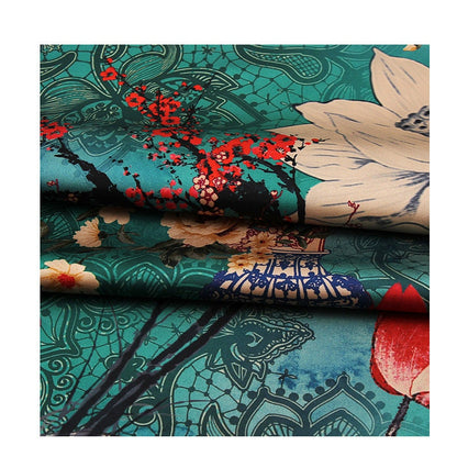 Jade Green Tea Silk Satin Fabric: Floral Crane Print, 59" Wide