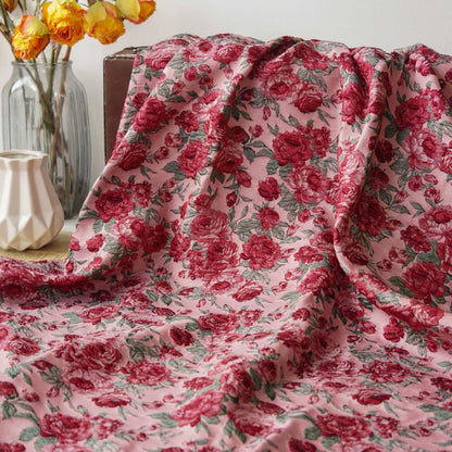 Red Rose Floral Brocade Fabric ��� Embossed Jacqua" Wide