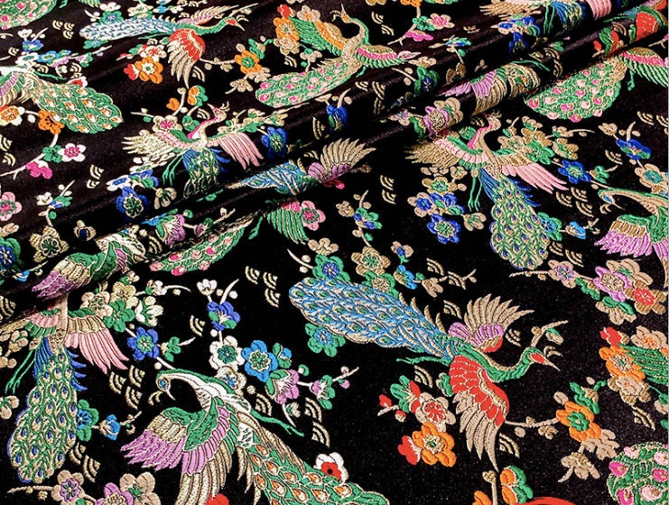 Peacock Floral Brocade Fabric: Chinese Silk Rayon Blend, 29"W